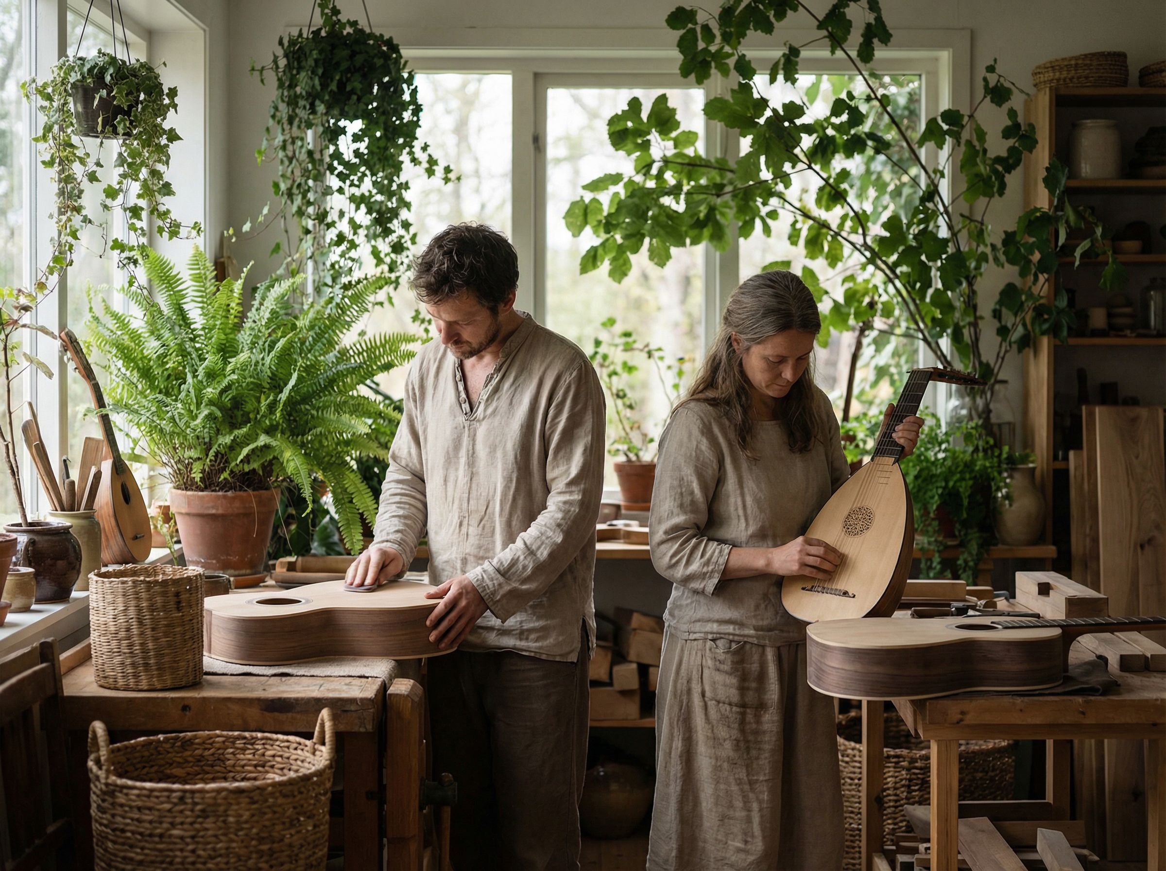 Collection of violins and guitars hanging on a wall in a music studio.