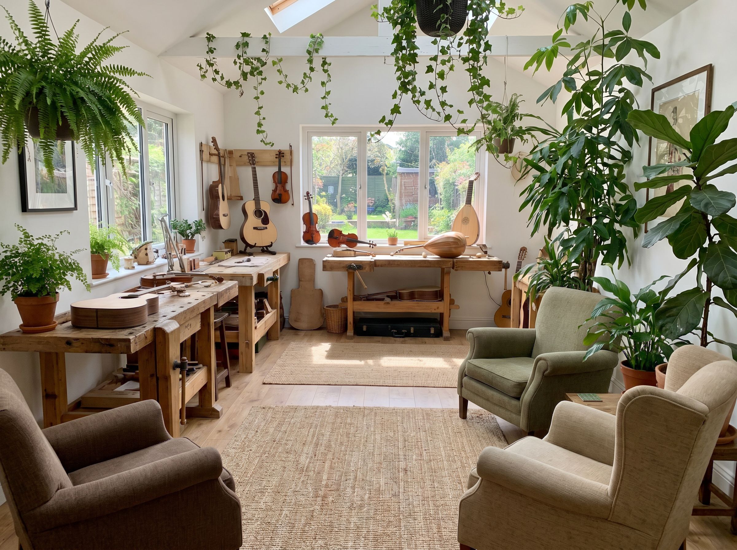 Close-up of several violins hanging on a rack in a music shop setting.
