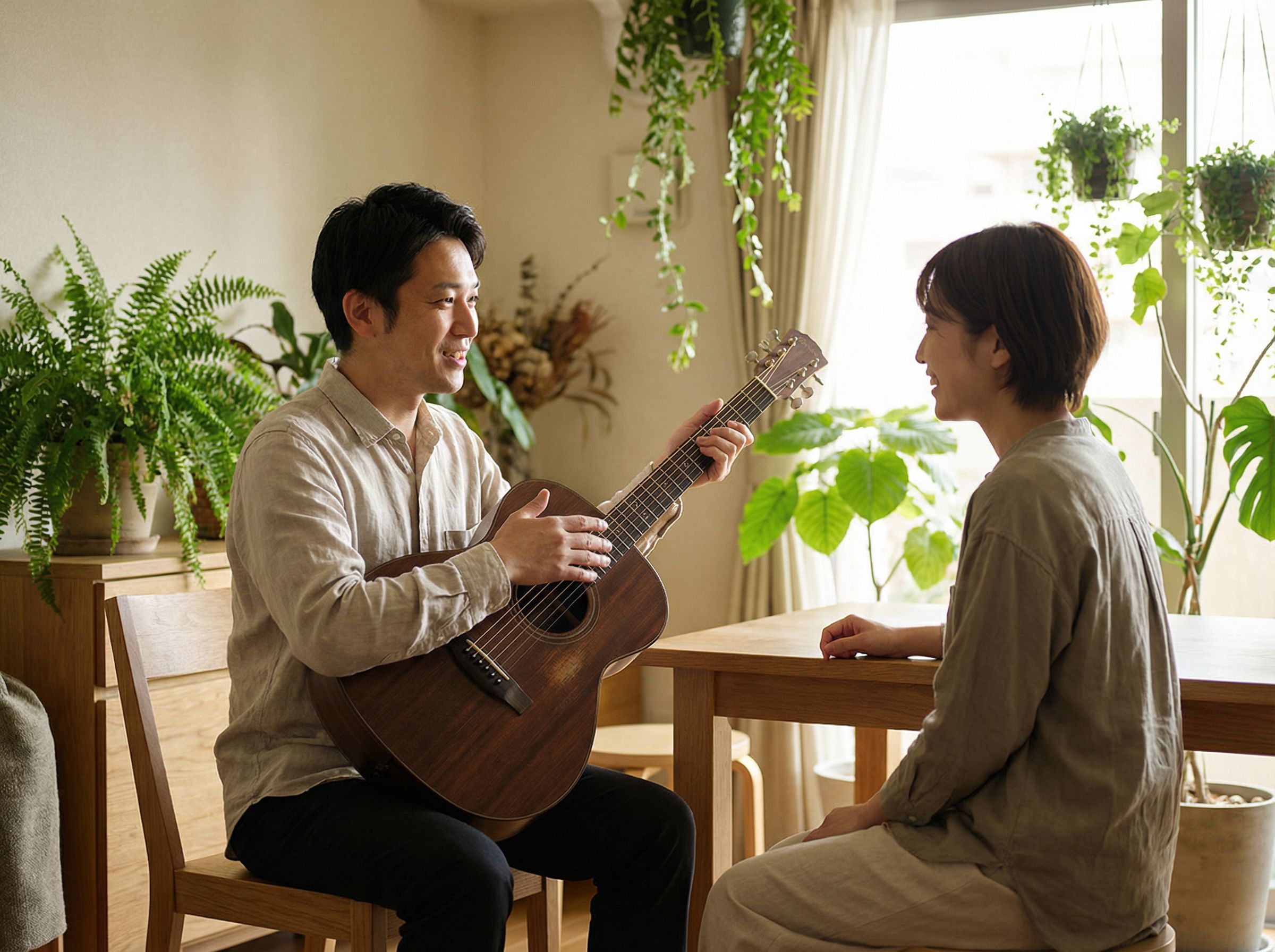 Shop window showcasing a collection of colorful ukuleles and guitars.